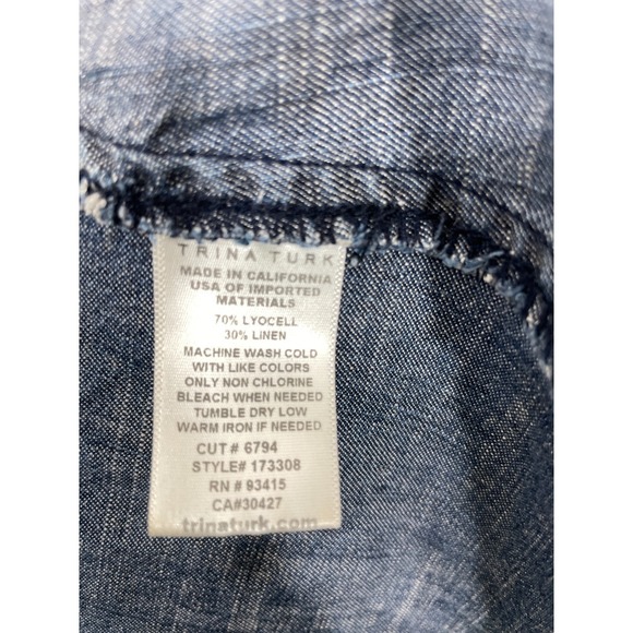 Trina Turk Linen Blend Dress Size S High-Low Chambray Blue Swing Trapeze Pocket - Picture 7 of 7
